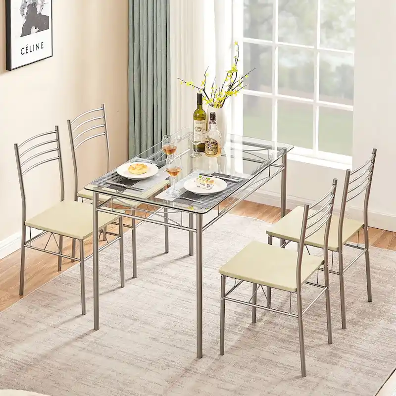 5-pieces Modern Dining Sets,Tempered Glass Table Top and 4 PU Chairs