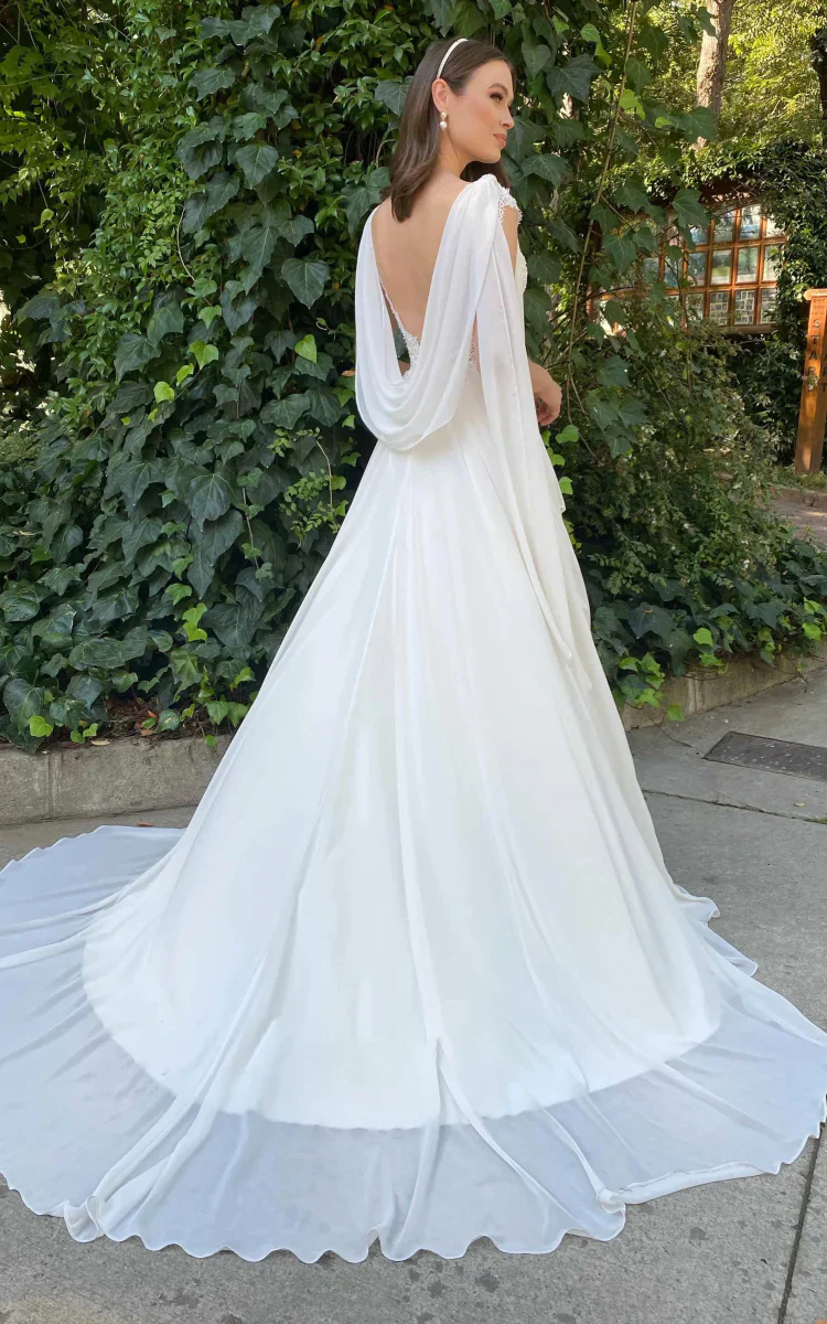 Greek Simple A Line V-neck Chiffon Court Train Wedding Dress with Ruching