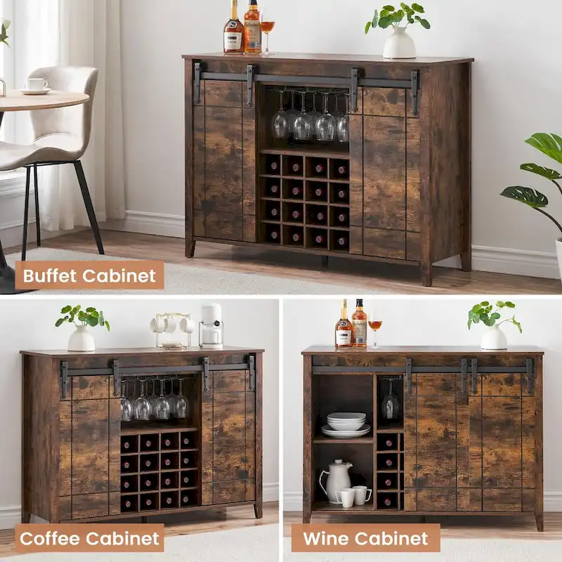 White Farmhouse Bar Cabinet with Sliding Barn Doors