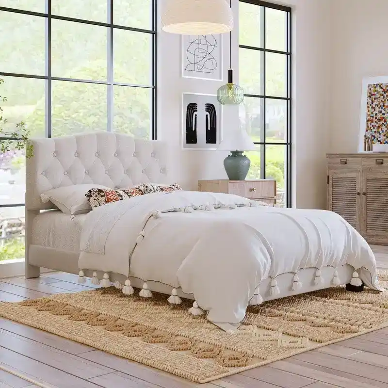 Full Size Linen Upholstered Platform Bed with Saddle Curved Headboard and Diamond Tufted Details,Beige