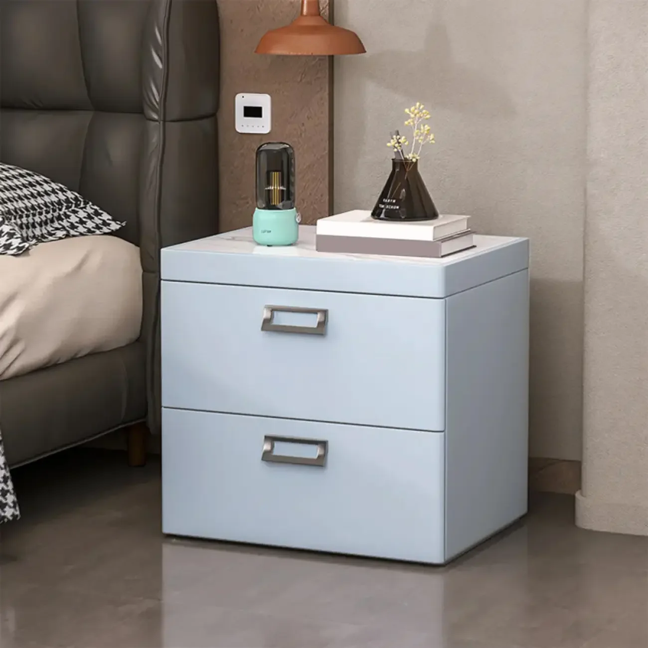Modern Faux Leather 2 Drawers Nightstand with Stone Top