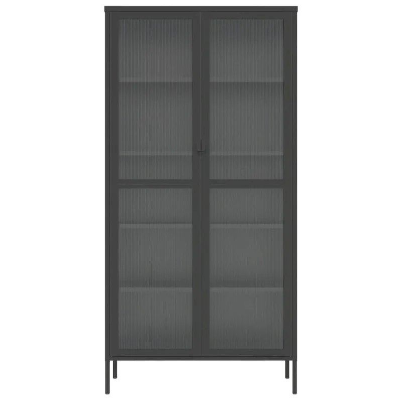 Black Highboard with Fluted Glass & Steel Frame, 33.5×15.7×70.9