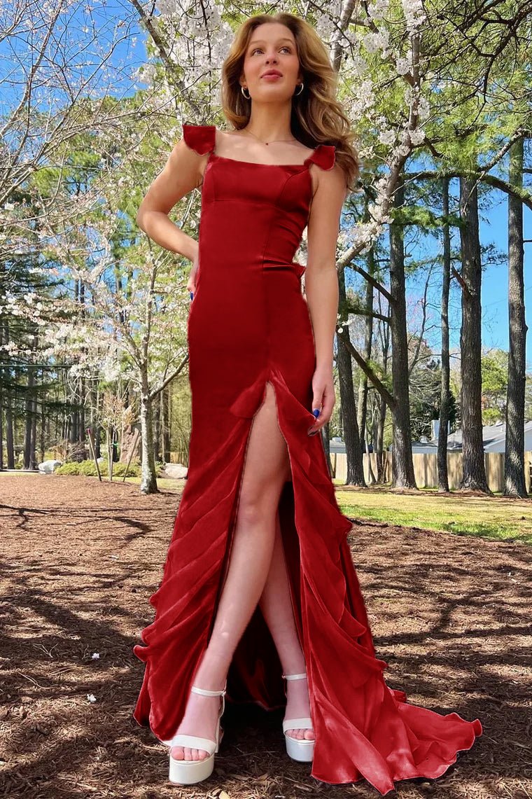 Emerald Green Square Neck Ruffle Slit Prom Dress