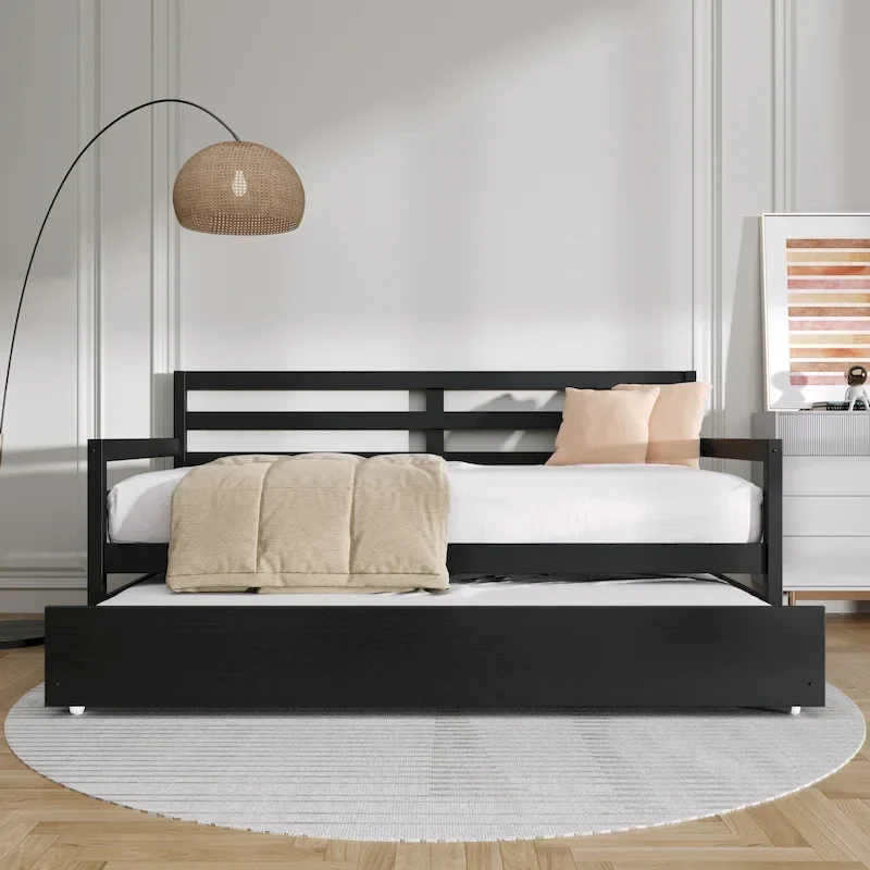White/Walnut/Black/Light Oak/Antique Grey Railing-Style Twin Daybed with Trundle