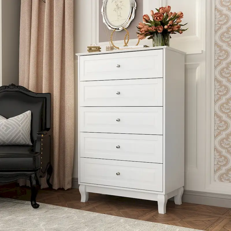 Chest of Drawers Tall 5 Drawer Dresser, Wood Dresser End Table Console