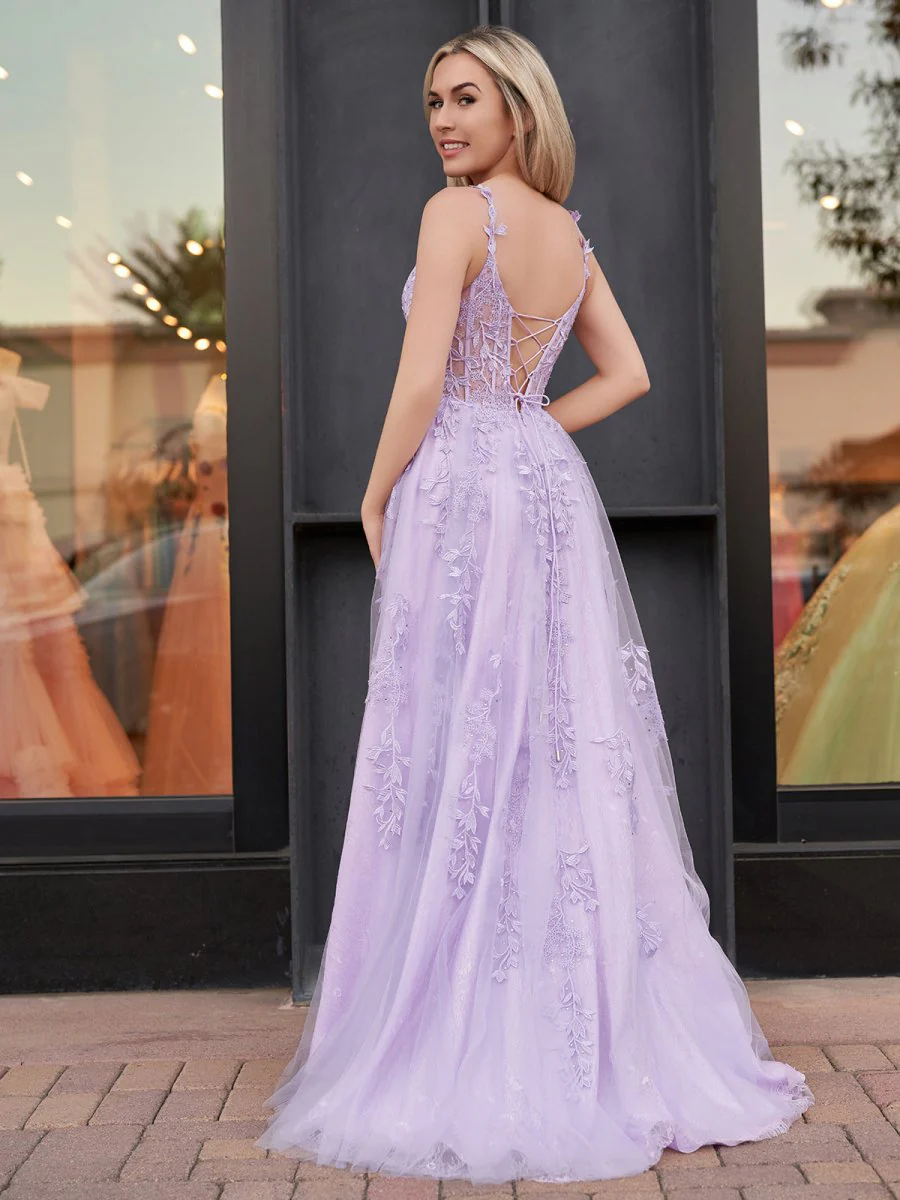 A-line V Neck Lace Tulle Prom Dress With Slit