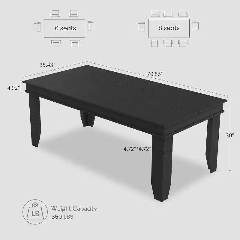 Farmhouse Dining Table for 6-8 People, 71in Wide Rectangular Wood Kitchen Table with Sturdy Frame & Rustic Wooden Finish for Dinner, Dining Room