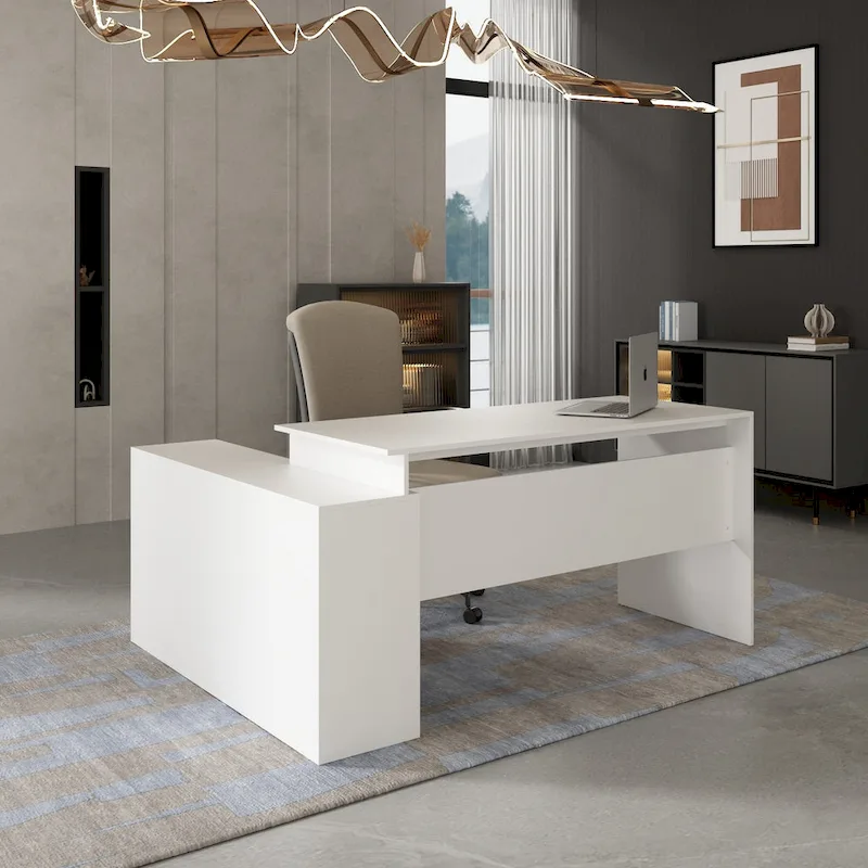 L-Shaped Corner Desk, Reversible, Large Tabletop, MDF, Metal Handles, White, 1-Person Use
