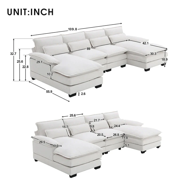 Modern Upholstered 6-Seat Modular U-Shaped Sleeper Sectional Sofa