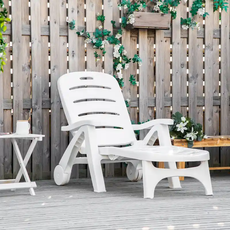 Outsunny Outdoor Folding Chaise Lounge Chair on Wheels, Patio Sun Lounger Recliner & 5-Position Backrest for Garden, Beach, Pool