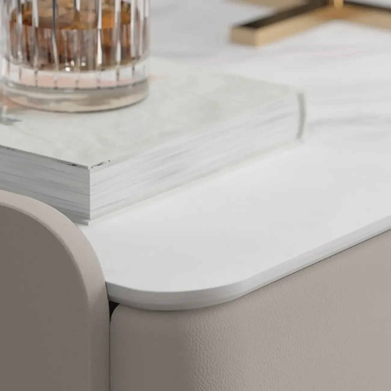 Modern Leather Stone Top Gold Accents 3-Drawer Nightstand