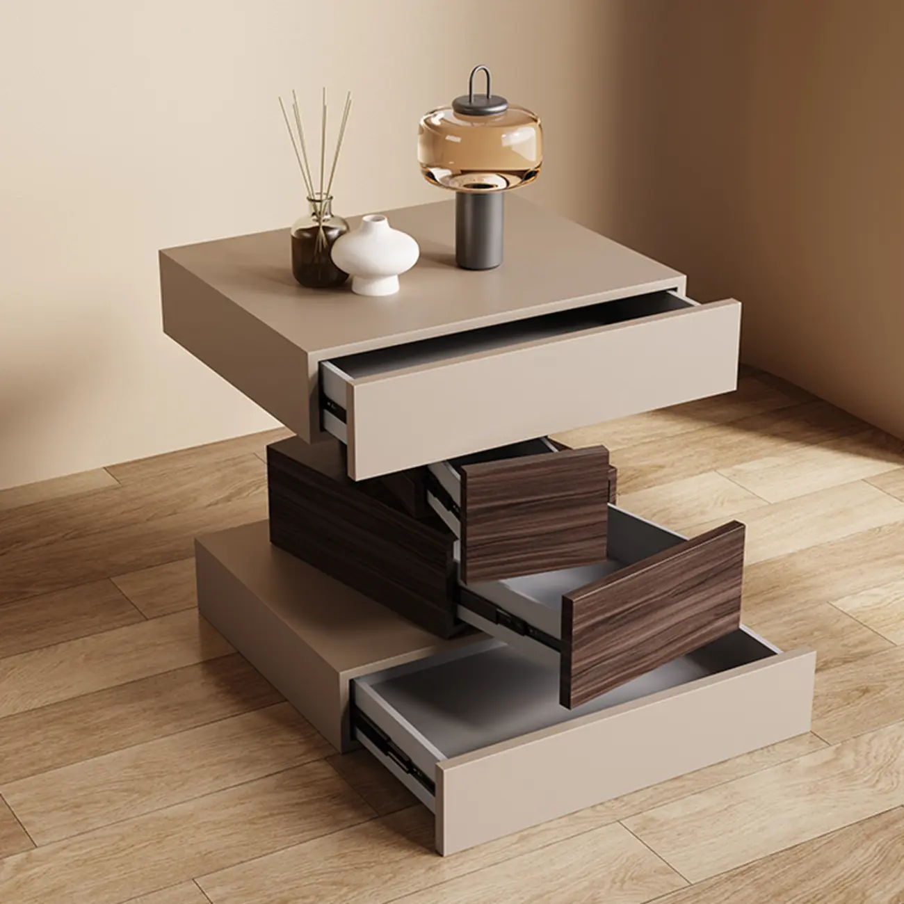 Narrow 4 Drawers Leather Top Walnut Nightstand