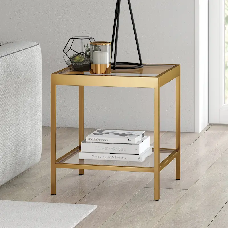 Brass / Blackened Bronze / Nickel Modern Square Glass Side Table with Metal Frame & Lower Shelf