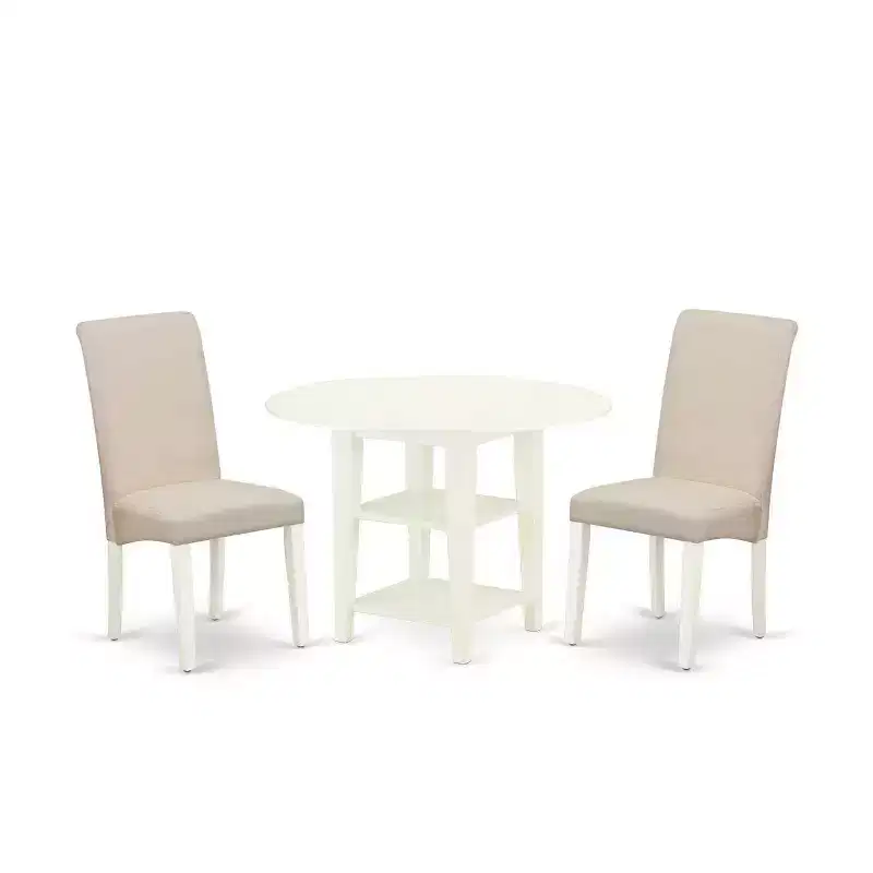HomeStock 3-Piece Linen White Finish Round Solid Wood Top With Dropleaf Dining Table Set