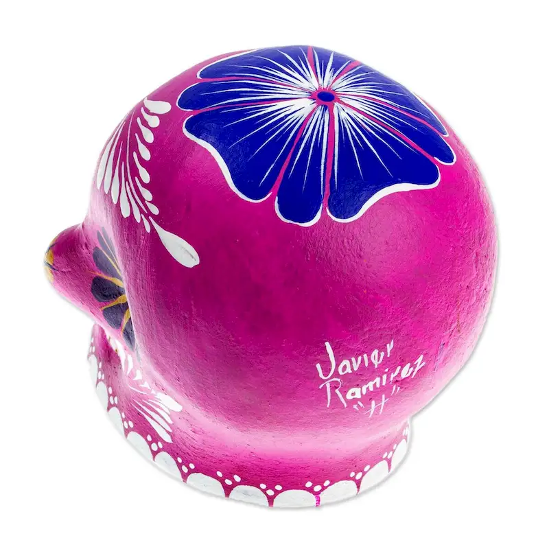 Novica Handmade Fuchsia Skull With Flowers Ceramic Figurine