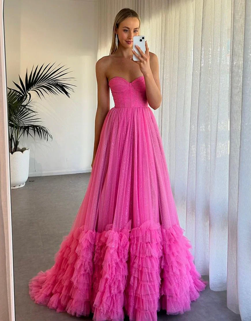 Pink Sweetheart Tiered Tulle Long Prom Dresses