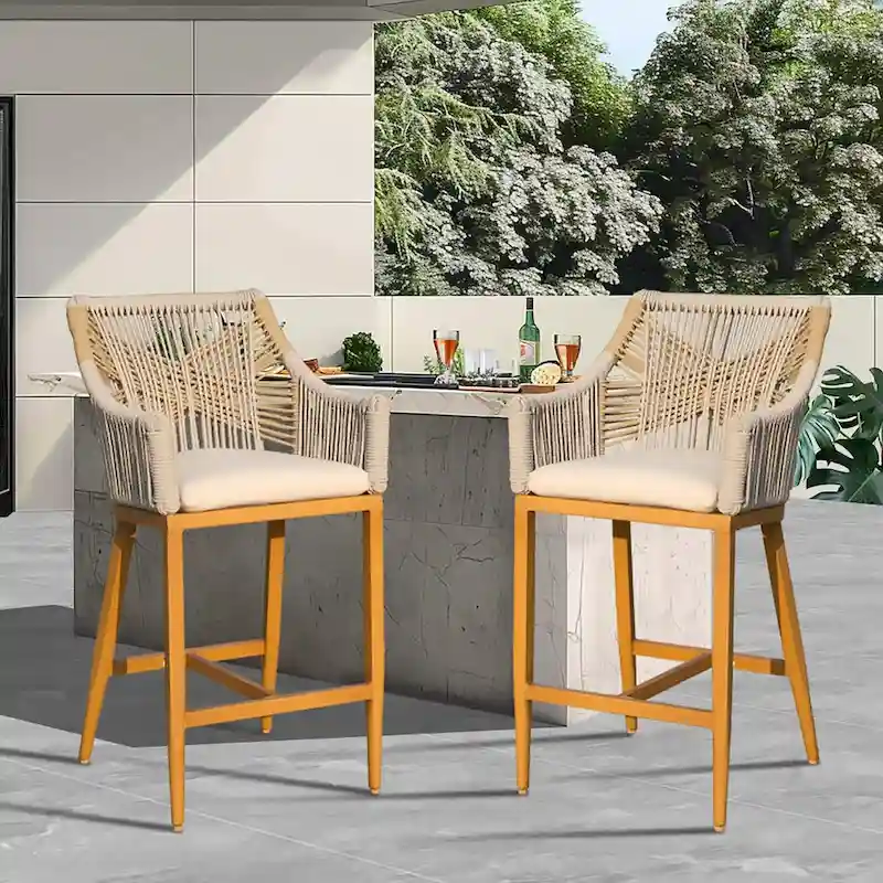Bar Stools Set of 2,Outdoor Counter Height Bar Chairs with Arm and Backrest,Tall Bar stools with Cushion Modern Textilene