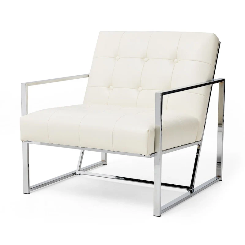 30.50H Cream Mid-Century PU Leather Tufted Accent Chair with Chrome Plated Frame