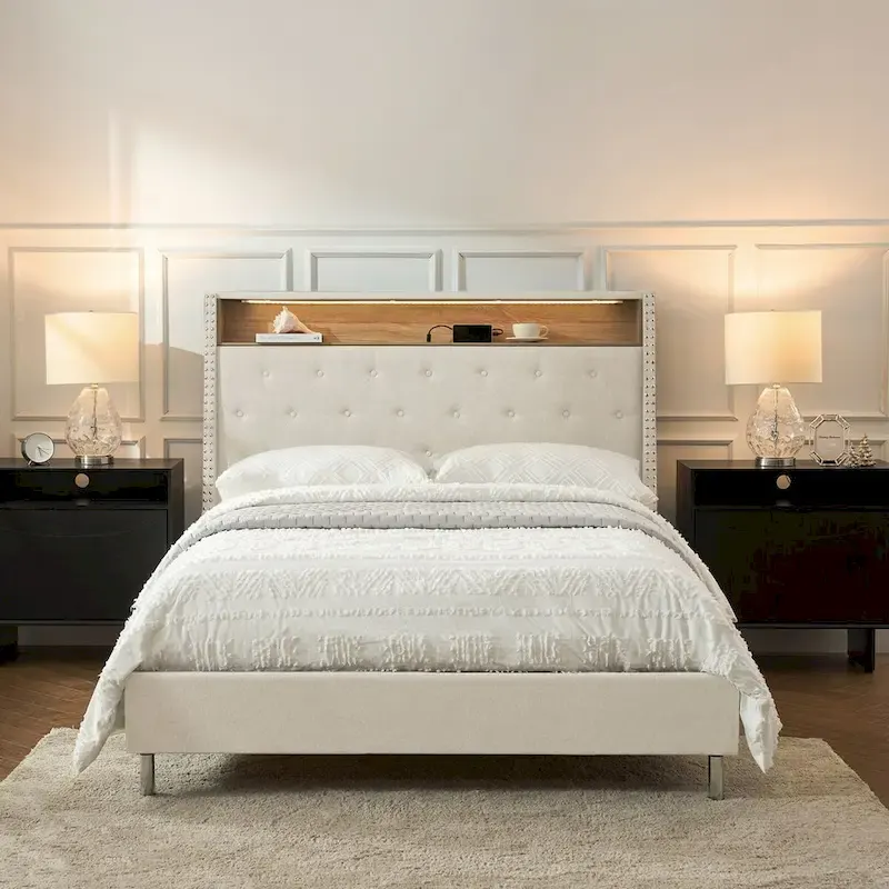 Jose Traditional 61.5 Stylish Tufted Bed with Storage Headboard and Warm Night Light by HULALA HOME