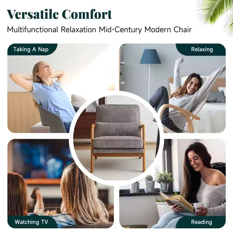 Karl Home 2Pcs Mid Century Solid Wood Accent Chair Upholstered Armchair with an Extra Pillow