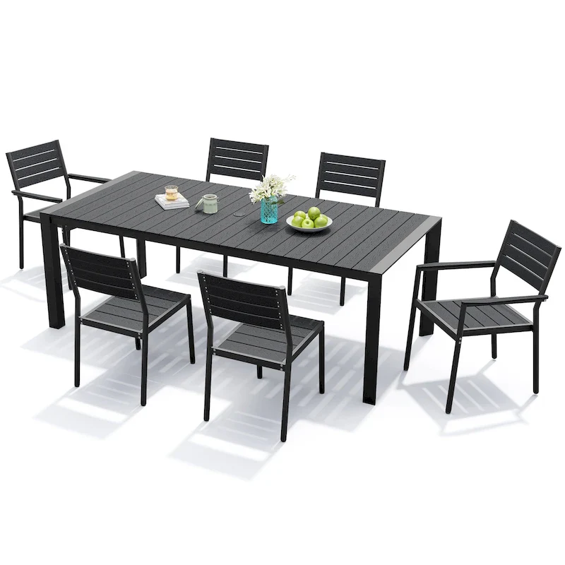 7-Piece Patio Dining Set Aluminum Dining Table with Umbrella Hole and Stackable Chairs