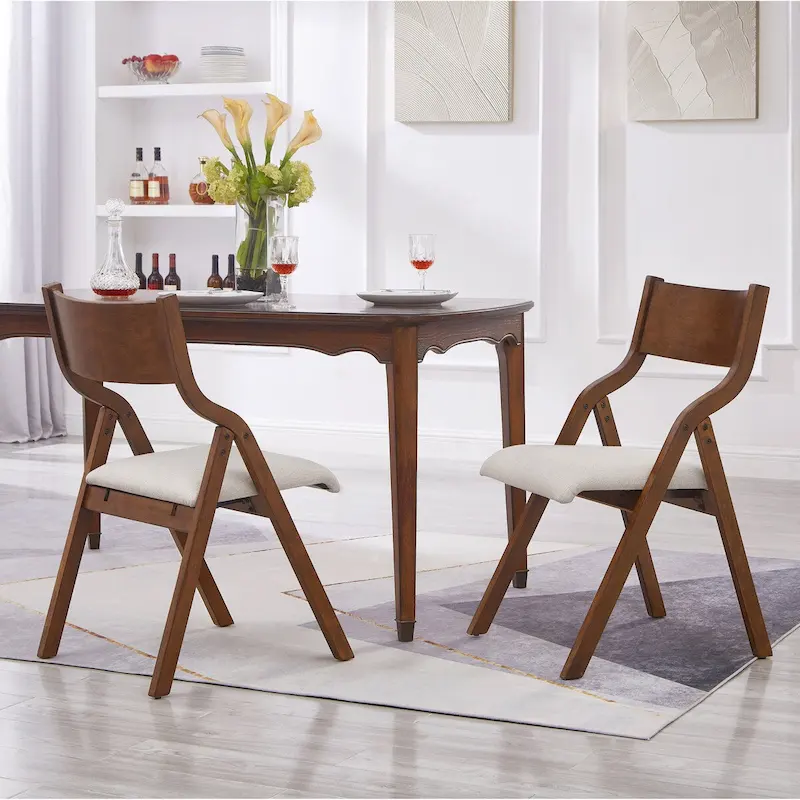 Set of 2 Upholstered Folding Dining Chairs - Space-Saving & Portable Design for Dining Room - Elegant Walnut Finish