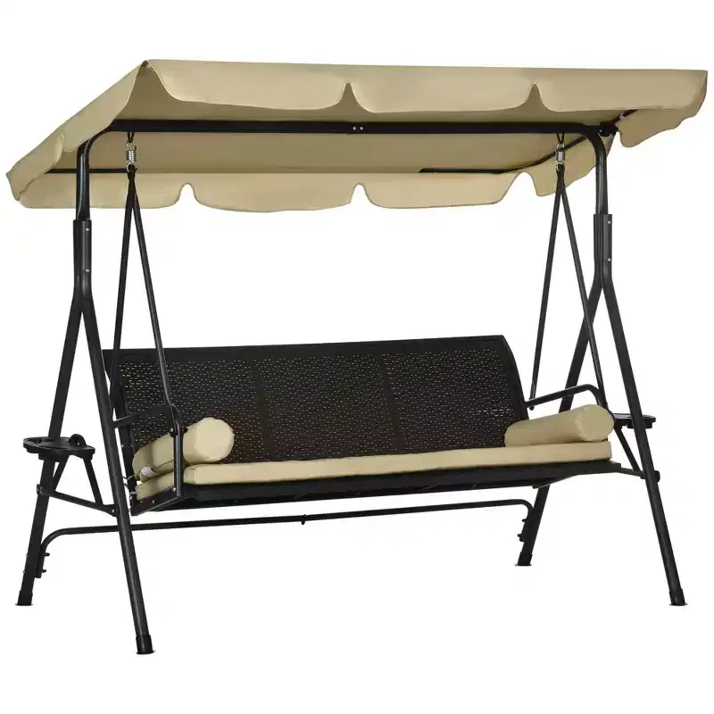 3-Seat Patio Swing Chair with Adjustable Canopy, Rattan Seat, Removable Cushions and Pillows
