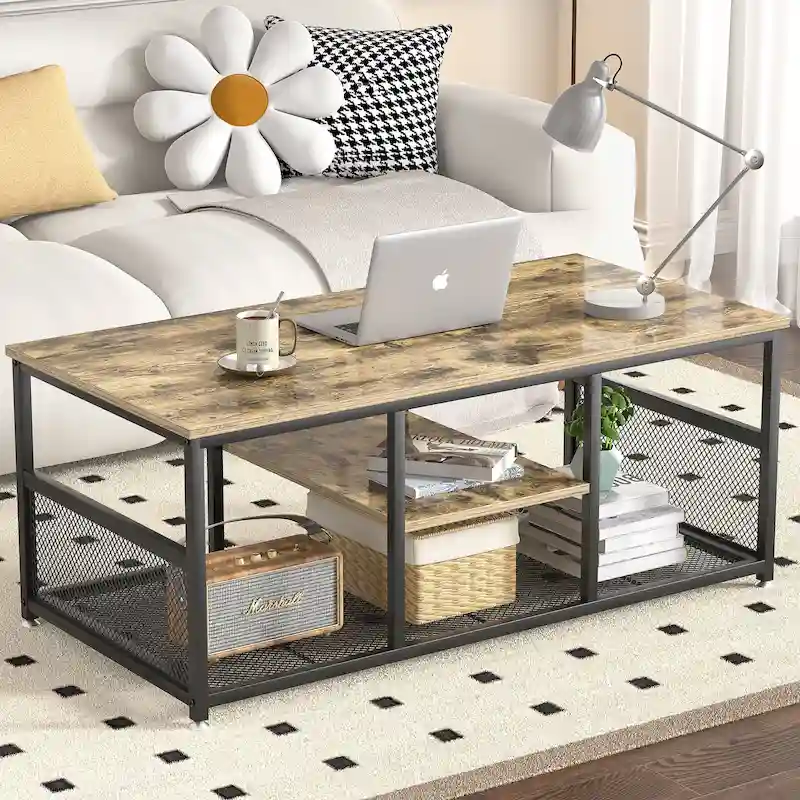3-Tier Coffee Table with Metal Frame and MDF Shelves