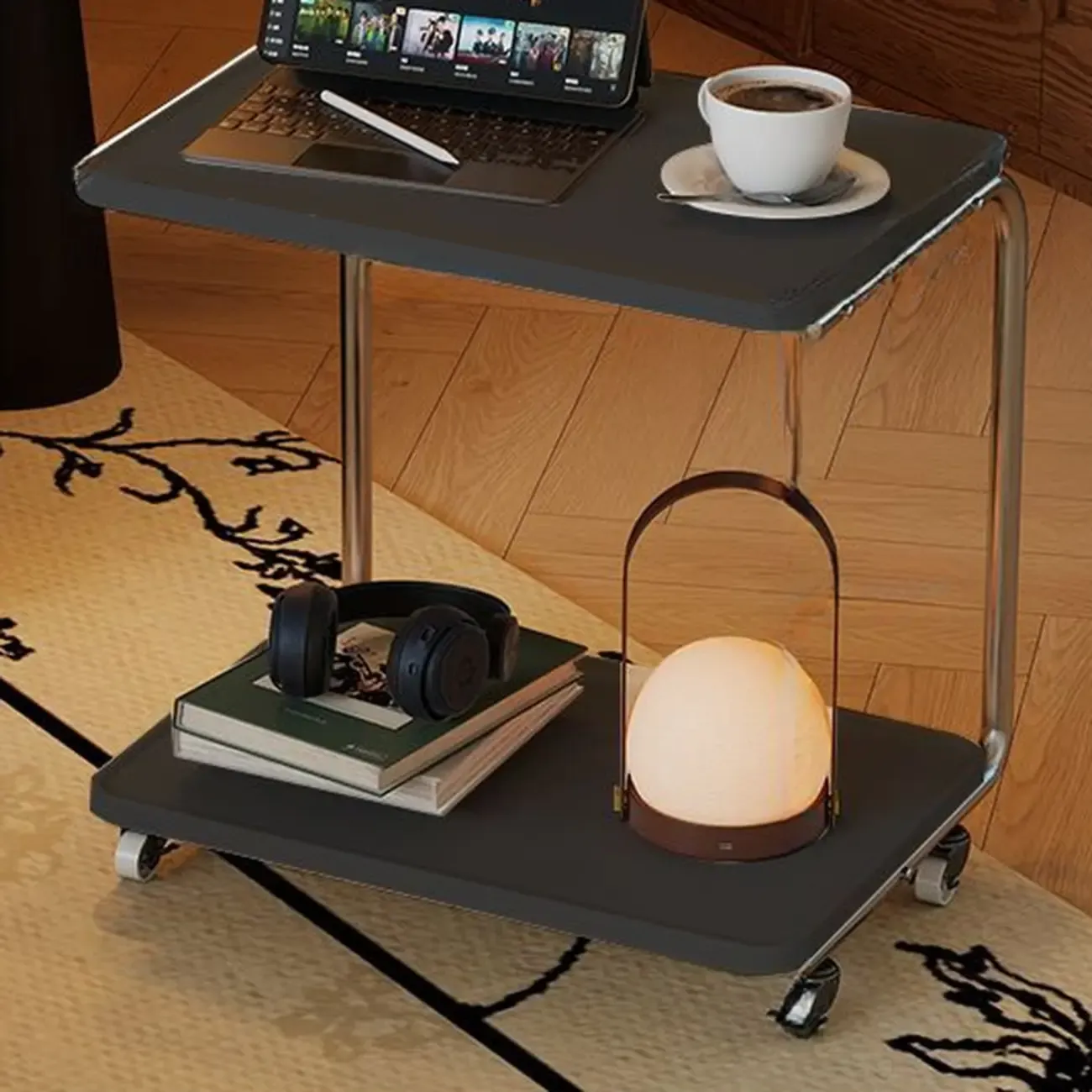 2-tier Rectangular C-shaped Wood Side Table with Wheels