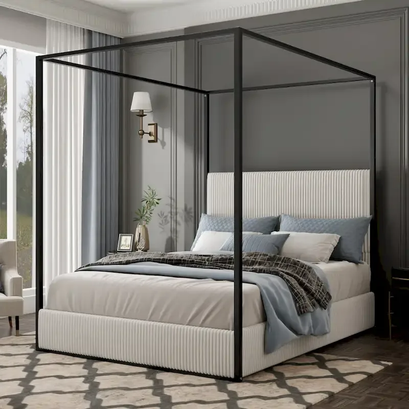 Metal Canopy Frame Platform Bed with Vertical Stripe Upholstered Wingback Headboard, Four Poster Low Profile