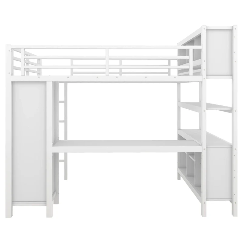 Metal Loft Bed with Wardrobe And L-shaped Desk