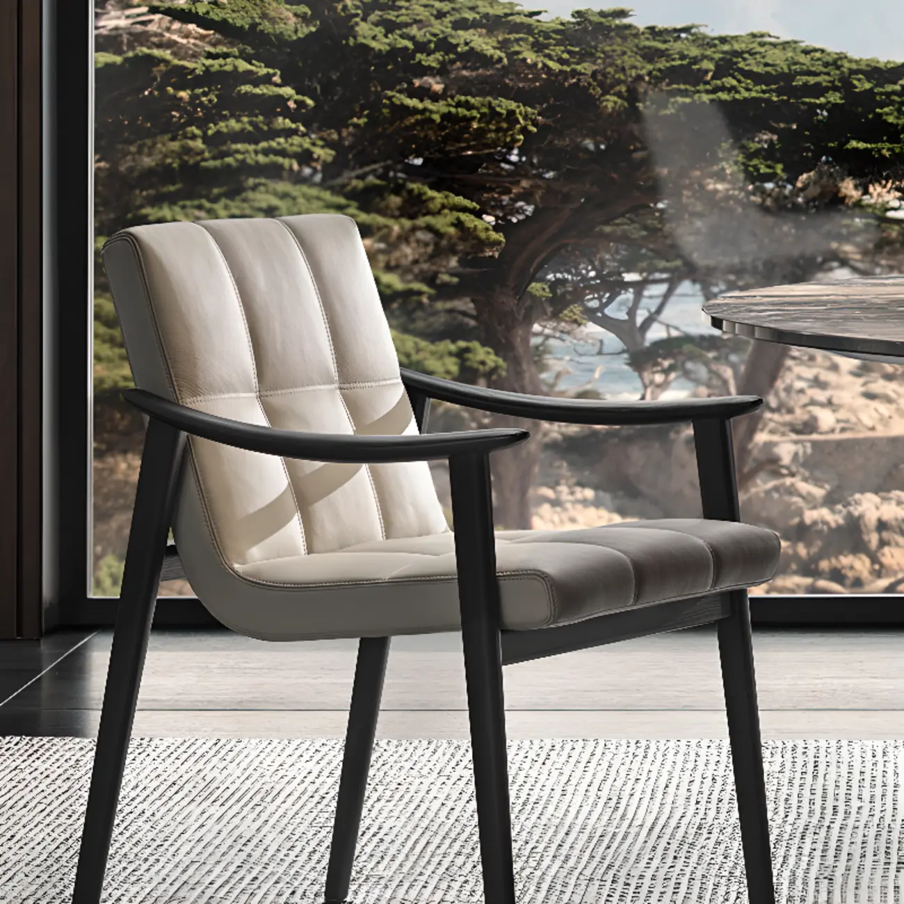 White Tufted Upholstered Wood Dining Chairs With Armrest