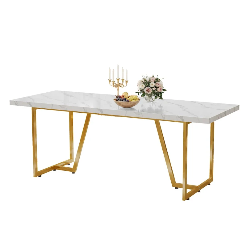 82W Faux Marble Dining Table Rectangular Table for 8-10 People with Metal Legs