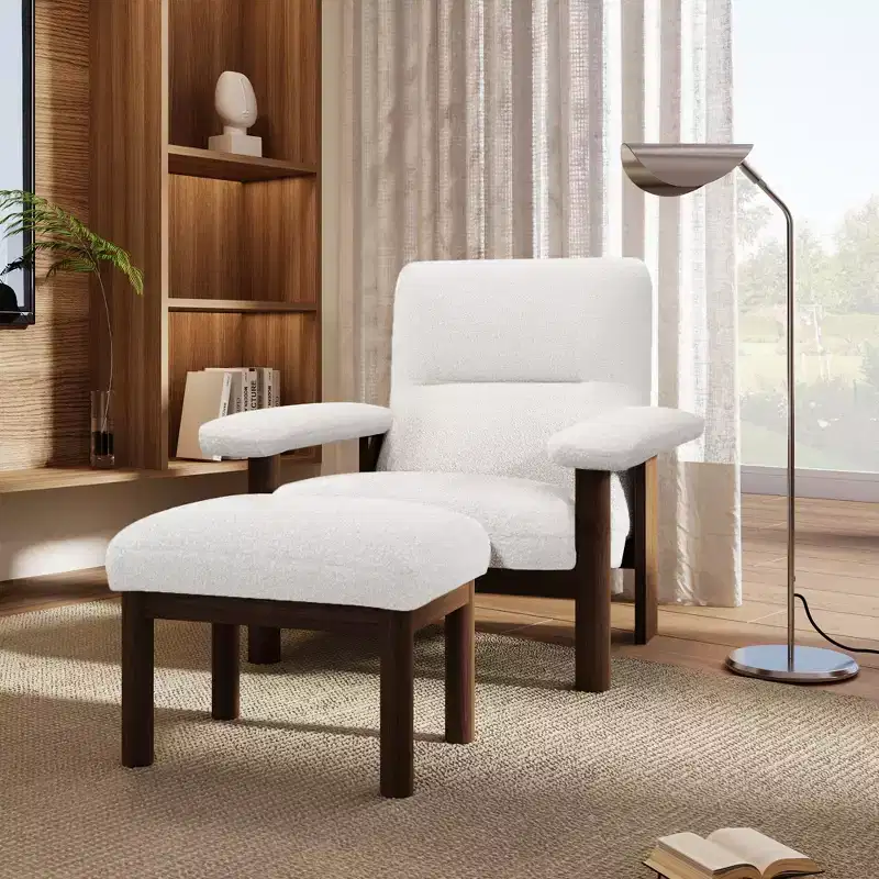 Modern Accent Chair with Ottoman, Mid Century Lounge Chair, Comfy Fabric Armchair with Solid Wood Frame for Living Room, White - ModernLuxe