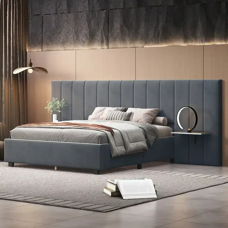 Modern Velvet Upholstered Platform Bed with Large Headboard