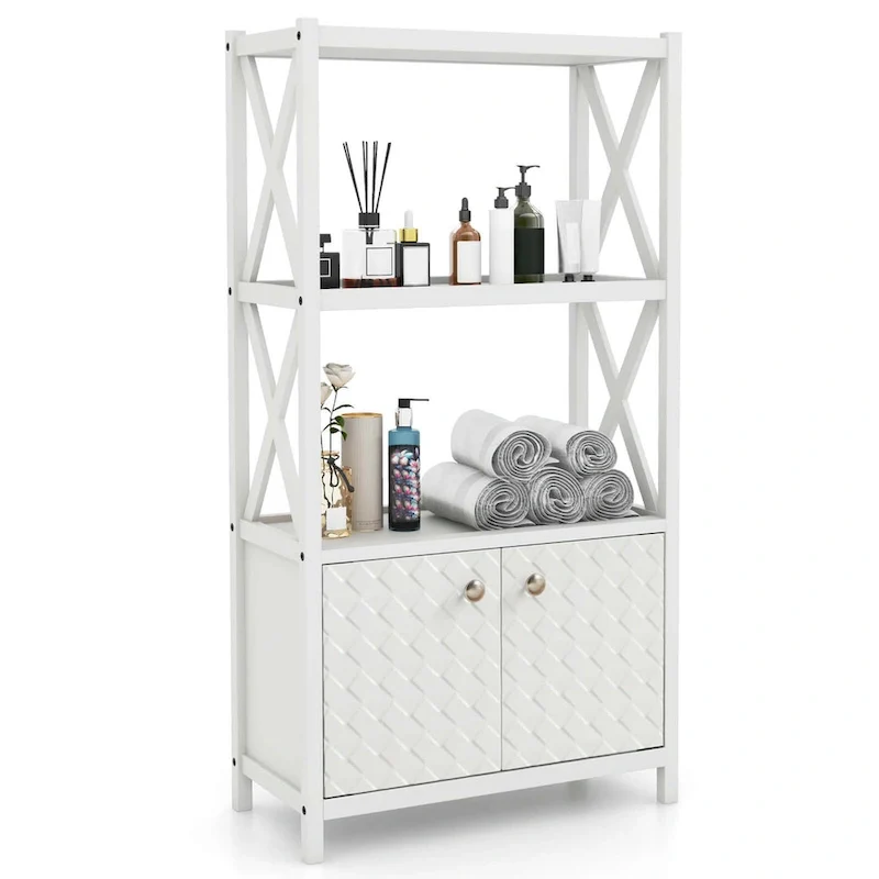 White/Black Freestanding Floor Cabinet with Open Shelves & Double Doors