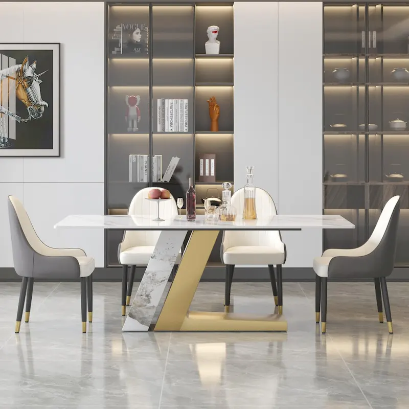 Modern Slate Kitchen Dining Table with White Rectangle Sintered Stone Top and Metal Legs -- 63/71/79