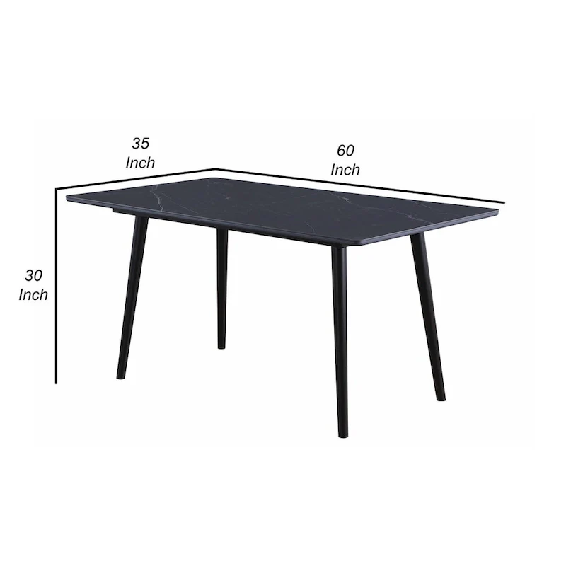 Aikya 60 Inch Dining Table, Black Sintered Stone, Tapered Metal Legs