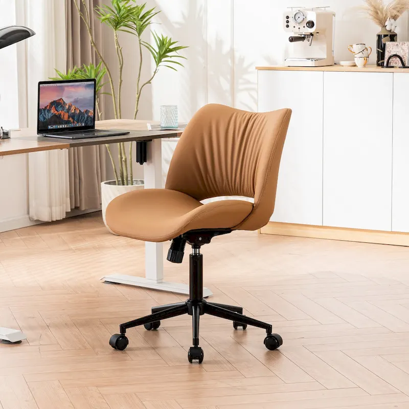 Leather Swivel Office Chair with Wheels - Armless