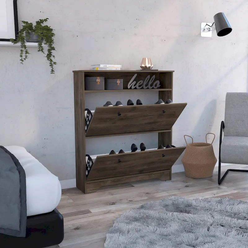 Dark Brown Shoe Rack with Open Shelf & 2 Extendable Shelves - Entryway Storage
