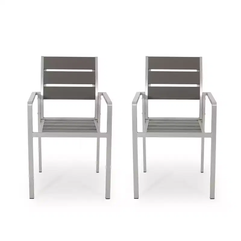 Outdoor Modern Aluminum Dining Chair with Faux Wood Seat (Set of 2), Gray and Silver