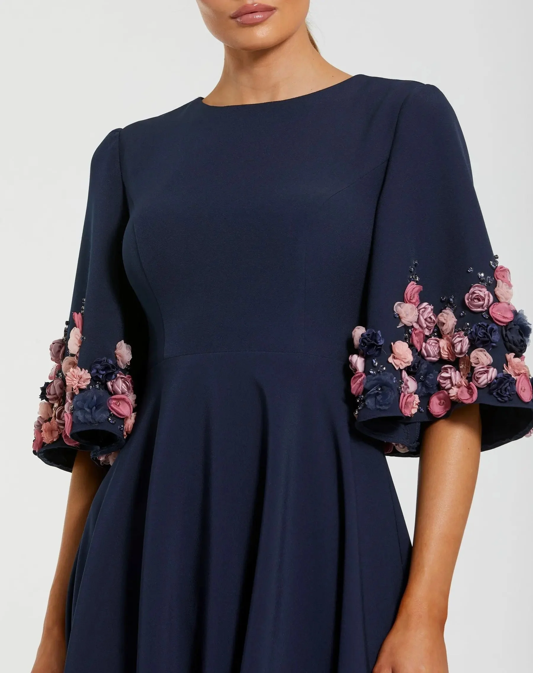Navy Crepe 3/4 Sleeve A-line Gown With Flower Trim