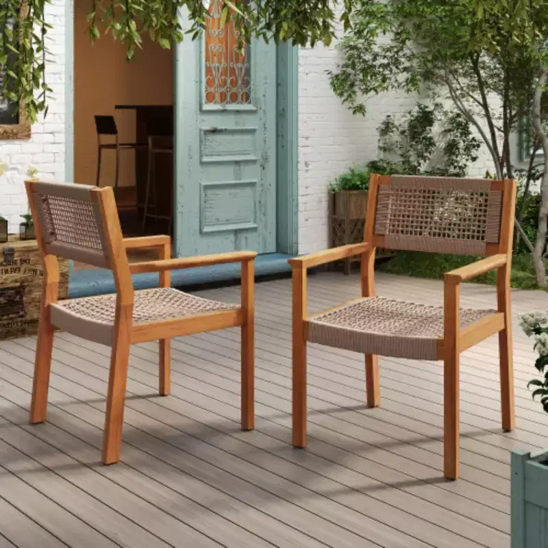 Light Brown Braided Wood Dining Chairs with Handrails, Two-Pack