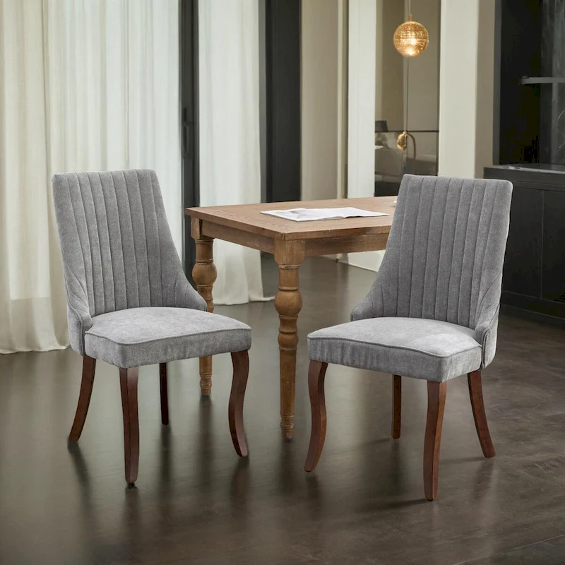 Rayon Cloth Flocking Linen Dining Chairs Channel Kitchen Dinner Upholstered Accent Chair Curved Solid Wood Legs,Set of 2