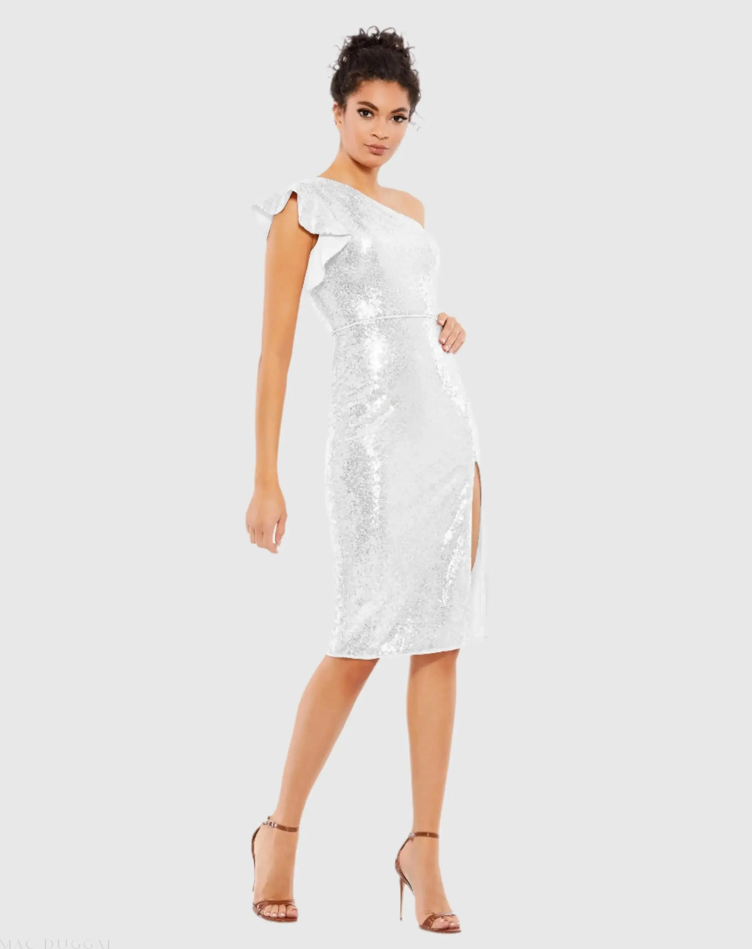 White Sequined Flutter One Shoulder Fitted Midi Dress - FINAL SALE