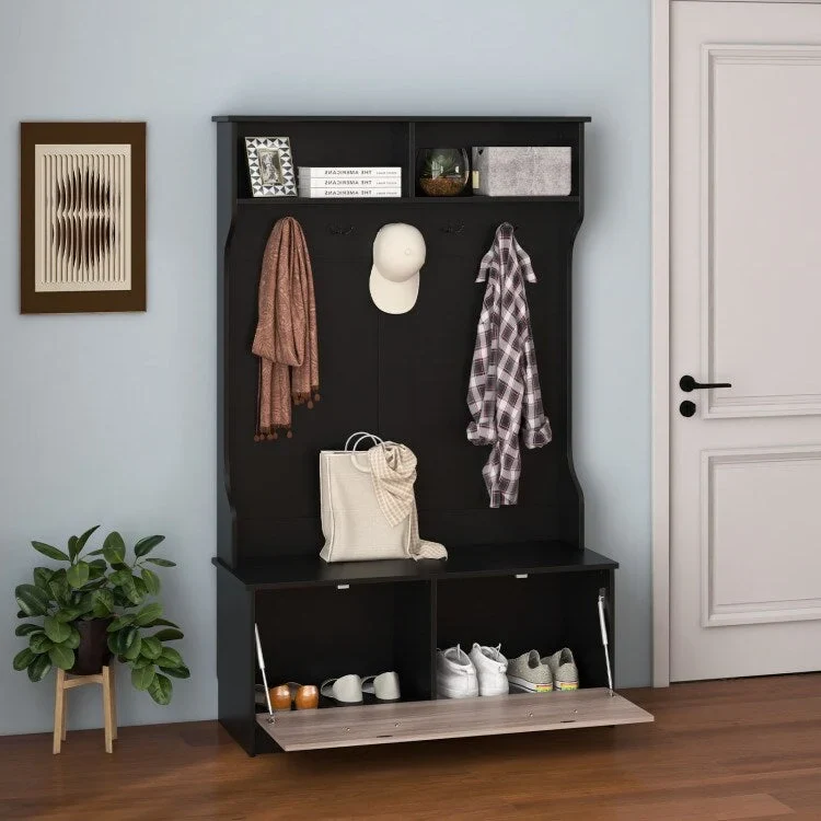 White Engineered Wood Hall Tree with Bench, 5 Hooks & Enclosed Cabinet