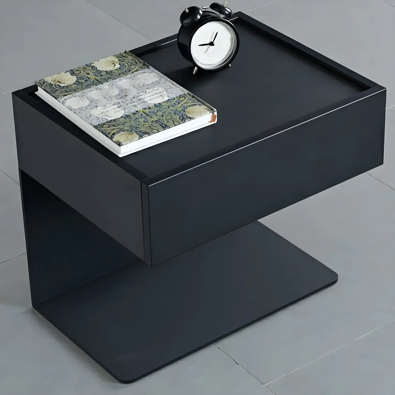 Black Steel Wood C-Shaped Drawer Nightstand with Light