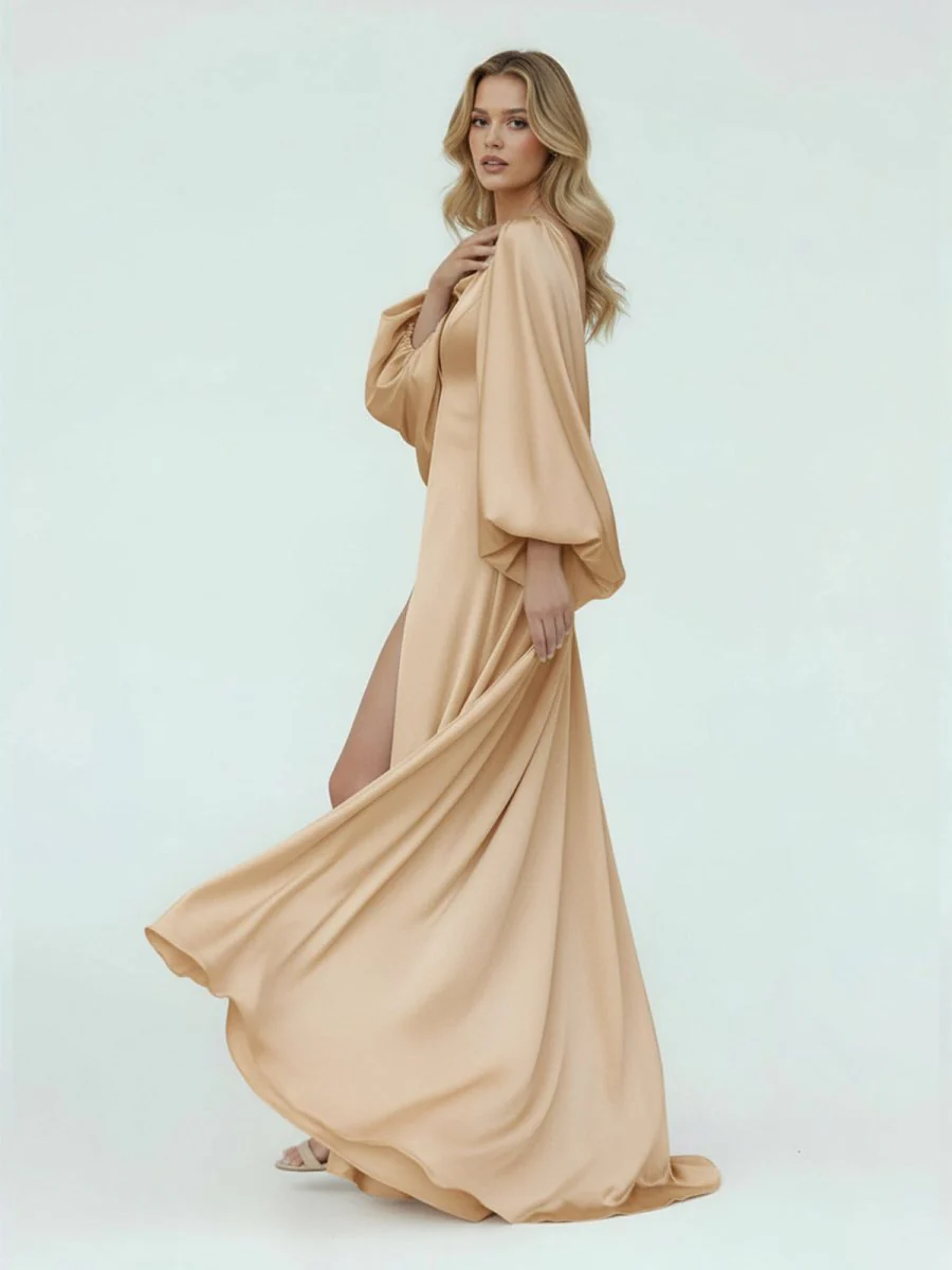 White Satin Simple A-Line Long Wedding Dress with Slit