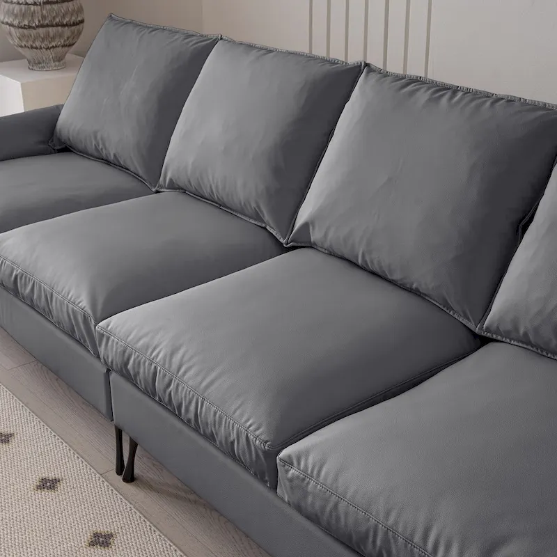 Modern 104.5 L-Shaped Sofa with Technical Leather Upholstery and Convertible Ottoman, Dark Gray