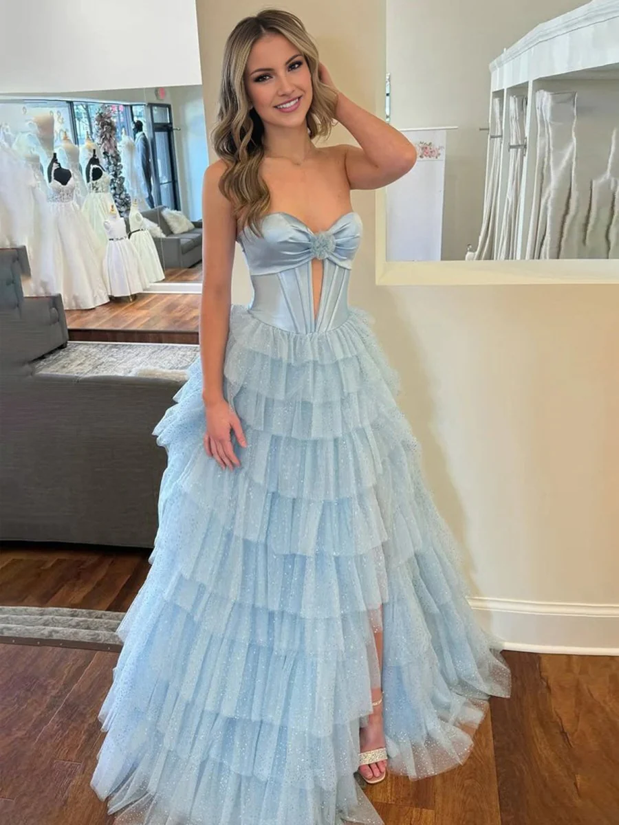 Fuchsia A-Line Sweetheart Keyhole Tiered Tulle Long Prom Dresses